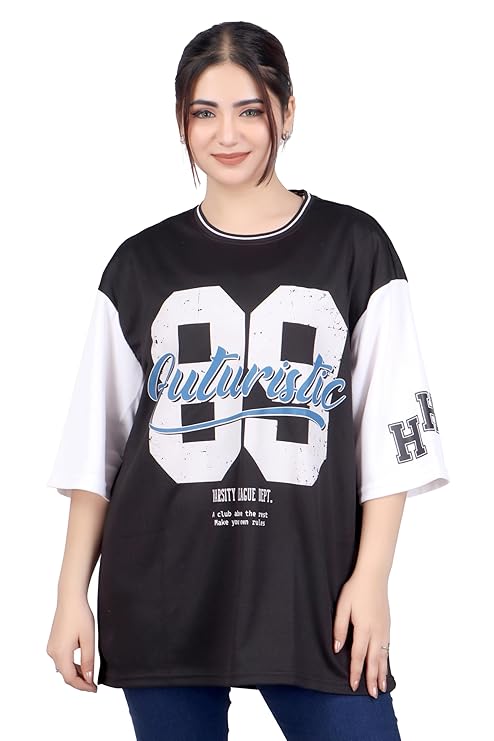 Amazon Brand - INKAST Women Oversized T-Shirt | Sportwear | Contrast Sleeves | Drop Shoulder Baggy Fit | Graphic Print | Activewear for Gym,Training & Street Style