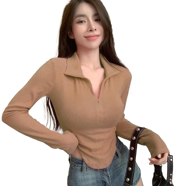 Istyle Can Women's Top Solid Long Sleeve Ribbed Asymmetric Hem Casual T-Shirt with Zipper Collar. Full Sleeve, Rib Knit, Plain, Slim Fit
