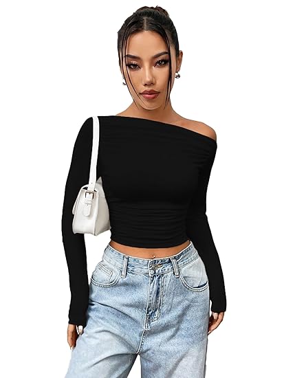 Istyle Can Solid Black Color Asymmetric Collar Pleated Cropped Top - Asymmetrical Neck, Ruched Design, Regular Sleeve, Casual, Long Sleeve | Full Sleeve, Crop Length, Slim Fit