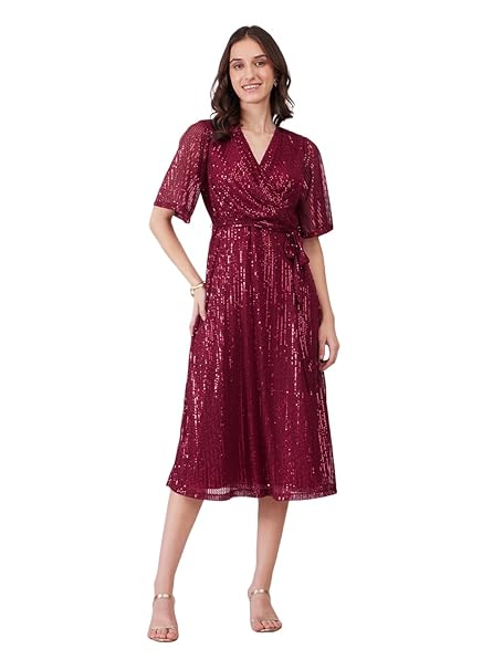 FableStreet Sequin Wrap Dress - Maroon