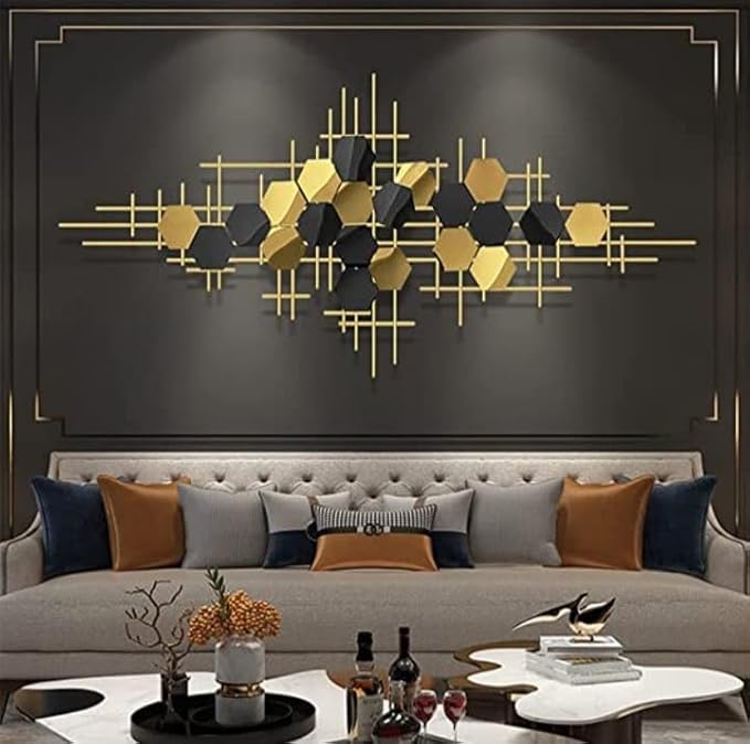 ULTRA SHINE HOME DECOR 3D Creative Hexagon & Lines Geometric Metal Wall Art for Home Decoration, Bedroom, Living Room, Hotel & Restaurant Decor (52 x 25 Inch)