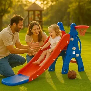 Amazon Brand - Solimo Modern Castle Slide with Basketball for Indoor & Outdoor Use | Kids 2-8Years Old | Safe & Fun |Toy for Kids |Easy Assembly |30kg Weight Capacity, Multicolor