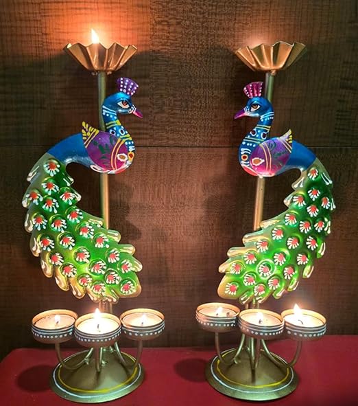SETHI AESTHETIC Metal Peacock Tealight Candle Holder Rajasthani Design for Festive Decoration 15 x 35cm (Peacock Candle Stand-[Pair])