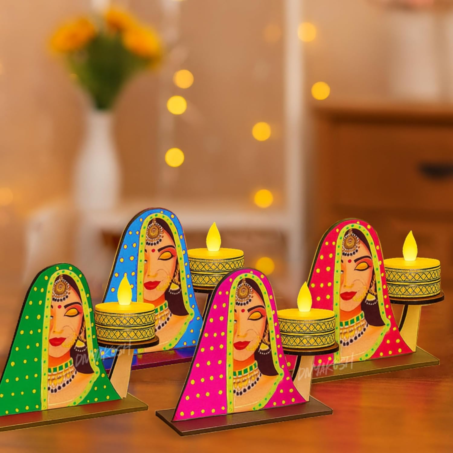 Divyakosh Traditional Rajasthani Lady Face Tea Light Candle Holder Set – Multicolor Wooden Decorative Diyas for Home, Festive Decor & Gifts (Set of 4)