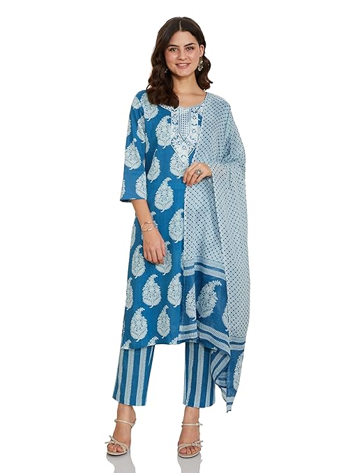 Amazon Brand - Myx Women's Cotton Rich Embroidered Kurta Pant Set with Dupatta (Available in Plus Sizes)