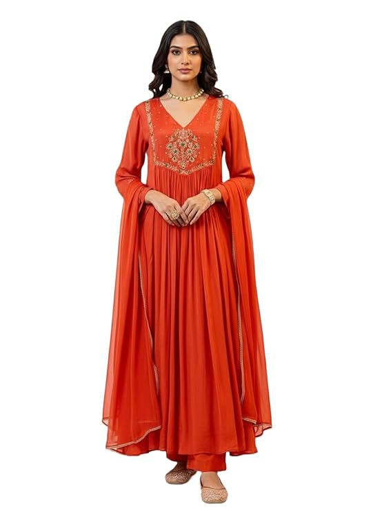 Amazon Brand - Tavasya Women's Silk Chiffon Embroidered A-Line Kurta Set with Rayon Pant and Silk Chiffon Laced Dupatta | Kurti Set for Women