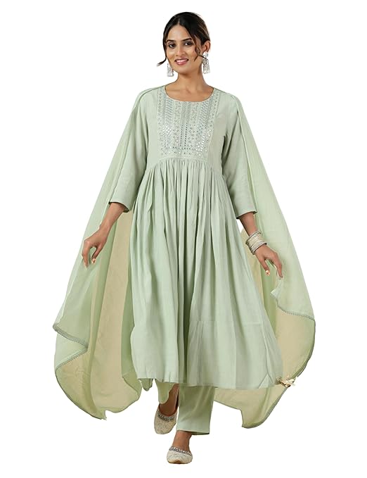 Kaari Women's Mirrorwork Kurta Set for Women | Fit & Flare | Tone on Tone Threadwork | Three Piece Kurta Set with Dupatta | 3/4 Sleeve