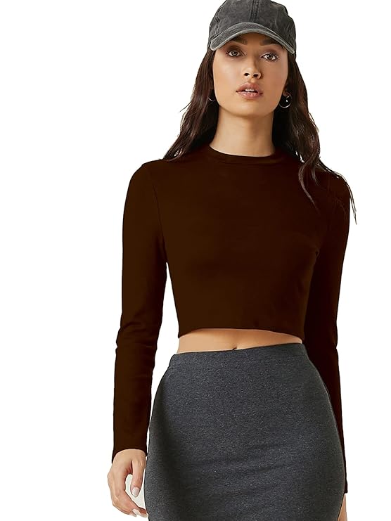 Aahwan Women's 100% Cotton Slim Fit Blue Solid Full Sleeve Crop Top