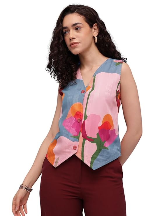 Amazon Brand - INKAST Women Sleeveless Button-Down Vest|V-Neck Waistcoat Blouse with Pointed Hem|Casual Wear|