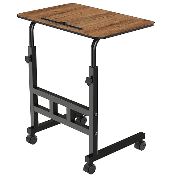 Amazon Brand - Umi Wooden Multipurpose Adjustable Height Adjustable Rolling Side Table with Wheels for Home, Study, Office and Bedroom - (Brown)