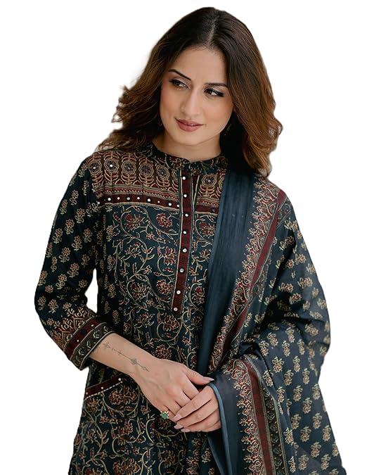 Arayna Women’s Cotton Printed Kurta Set with Palazzo Pants and Dupatta | Ethnic Straight Kurta