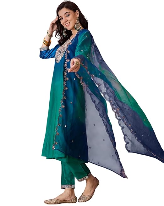 Amazon Brand - Tavasya Women Silk Blend Zari Sequence Thread Embroidered Kurta With Pant And Dupatta |Ethnic Wear