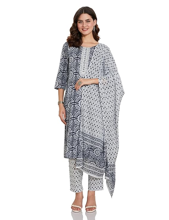 Amazon Brand - Myx Women's Cotton Rich Embroidered Kurta Pant Set with Dupatta (Available in Plus Sizes)