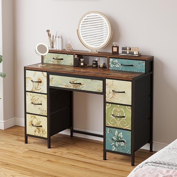 Amazon Brand - Umi Modern Vanity Dressing Table, Study Table, Computer Desk with 9 Fabric Drawers Open Shelves Multipurpose Table Storage Organizer for Living Room Bedroom Office 120x40x90cm (Printed)