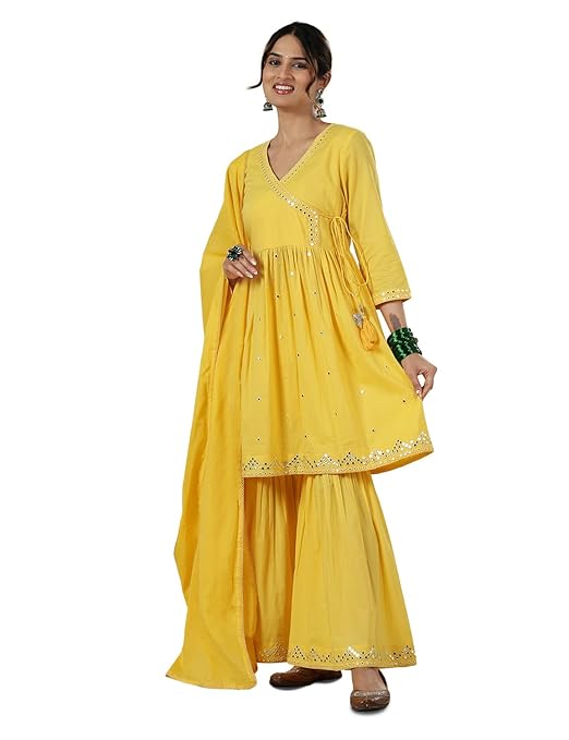 Kaari Embroidered Mirrorwork Angrakha Kurta Set for Women– 100% Cotton | Overlap Fit & Flare Kurta with Side Tie-up Detail | V Neck | Sharara Pants | Three Piece Kurta Set | ¾ Sleeve