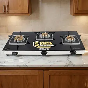 iBELL AGS 8413 Star 3-Burner Gas Stove with Auto Ignition – Low gas consumption, Premium Square Model, durable 7 mm toughened glass top, and a spacious body (77 x 38 x 5 cm) (Black)