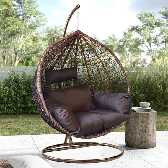 Rattan Furniture Single Seater Swing Chair with Stand & Cushion Outdoor Indoor Balcony Garden Patio,Powder Coated Frame,UV Protected Wicker,Premium Cushion NS-24