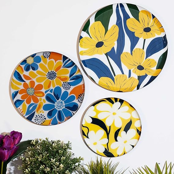 Amazon Basics Metal Decorative Wall Plates | Home Decoration | Vivid Floral Art Design | Living Room Wall Decoration | Décor Items | Gift Items (Multicolour) (Set of 3)