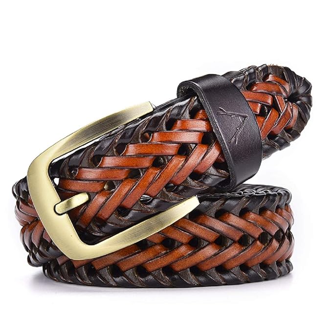 VOGARD Mens Braided Genuine Leather Original Branded Belt | Woven Leather Belt for Casual Pants with Brass Buckle| Micro Adjustable