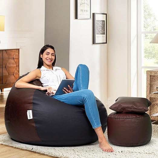 Amazon Brand Solimo Premium Faux Leather Bean Bag Combo with Footrest & Cushion Combo, Filled with Beans | Capacity: Upto 6 Ft Height, 120 KG Weight | 3XL | Black and Brown