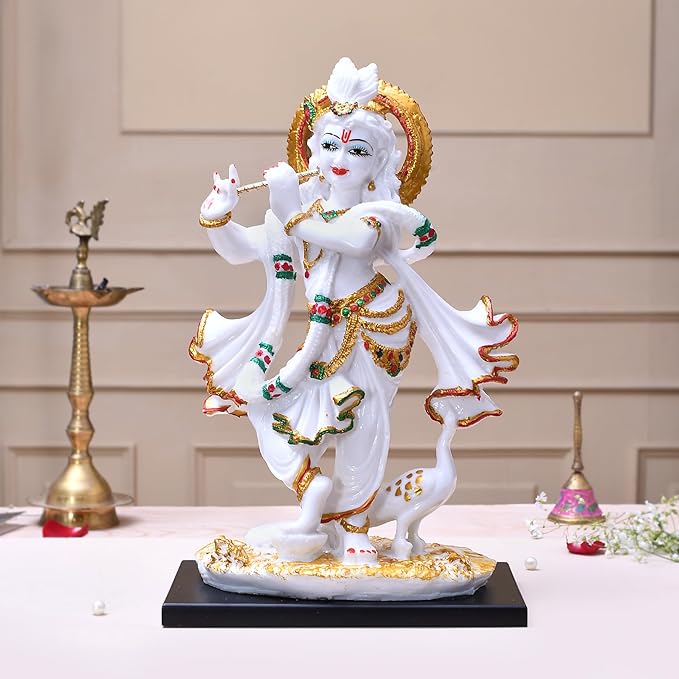 Amazon Brand - Umi Krishna Playing Flute Standing Idol Statue, Marble Krishana Sculpture for Temple Puja Home, Home Decoration Items (9.5 x 5.9 x 15 Inches)