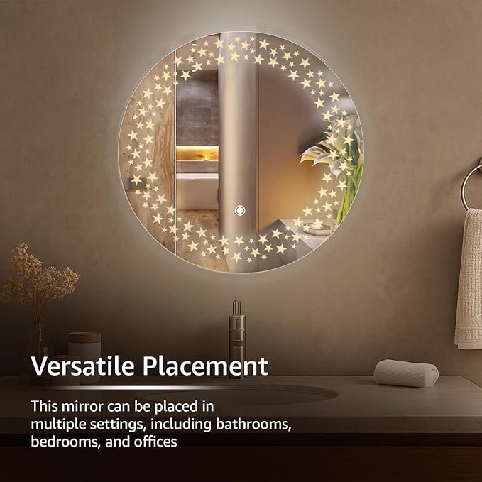 Amazon Basics Round Glass | 24 x 24 Inch Wall-Mounted LED Mirror with Smart Sensor | 3-Color Light (Warm, White, Natural)