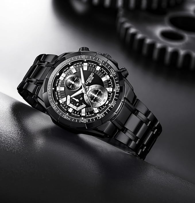 LONGBO Black Business Casual Stainless Steel Decorative Subdials Big Blue Dial Scratch Resistant Waterproof Analog Watch for Men and Boys