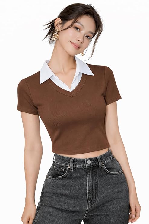 Women’s Ribbed Crop Top with Shirt Collar | V-Neck Short Sleeve Slim Fit Casual Top | Soft Stretch Fabric | XS-L