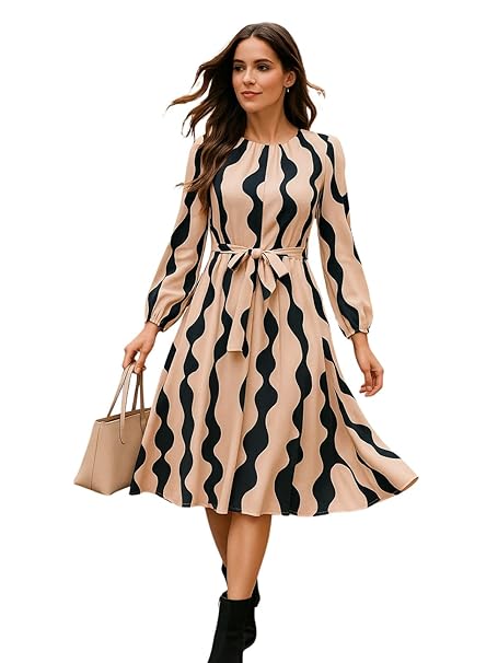 Leriya Fashion Women’s A-Line Midi Dress | Long Sleeve Belted Fit and Flare Gown | Elegant Printed Casual Outfit