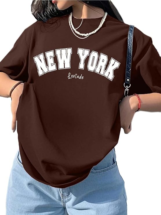 LEOTUDE Half Sleeve Cottonblend Oversized Tshirt for Women, Round Neck Longline Printed Drop Shoulder Baggie T-Shirt (Color Brown)