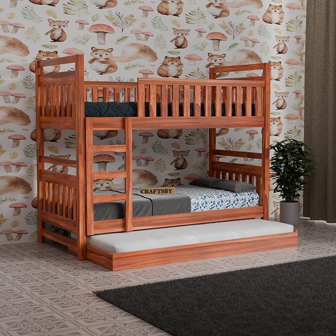 Solid Sheesham Wood Bunk Bed for Adult | Twin Over Modern Wooden Bunker Bed with Ladder | Space Saving Bed with Trundle Storage for Bedroom & Guest Room, Honey Finish