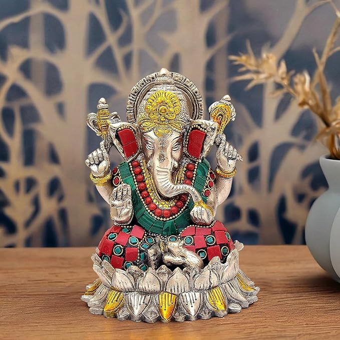 Amazon Brand - Umi Brass Lord Ganesh Ganpati Sitting On Lotus Idol, Height : 6 inch