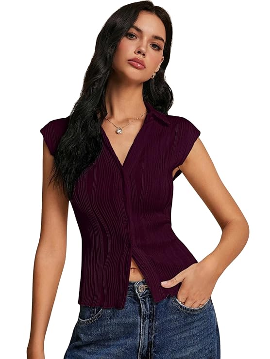 GRECIILOOKS Korean Tees for Women | Tops for Woman | Collared Casual Summer Tops for Women Western | Knitted Top Button-Up Short Sleeve Crop Top |Summer Stylish Texture Korean Knit Tee