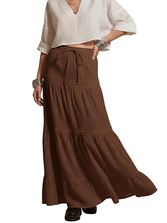 GRECIILOOKS Women's Summer Ruffle Hem Polyester Blend Maxi Skirt | High Waist Long Pleated Skirt | Plain A-Line Flowy Skirt for All Occasions | Elegant Boho Style POLYBLEND