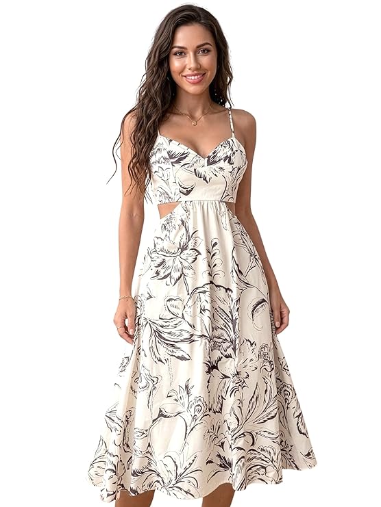 Aahwan White Solid Summer Beach V-Neck Sleeveless Cut Out Waist Midi Dress for Women's & Girls