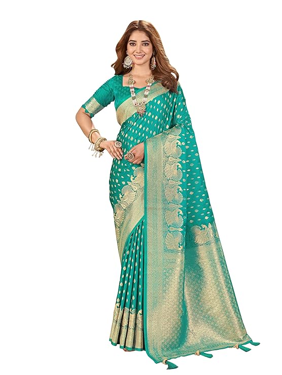 Mehrang Women's Banarasi Silk Kanjivaram Saree For Wedding With Pure Zari Work, Woven Design, With Unstitched Blouse Piece