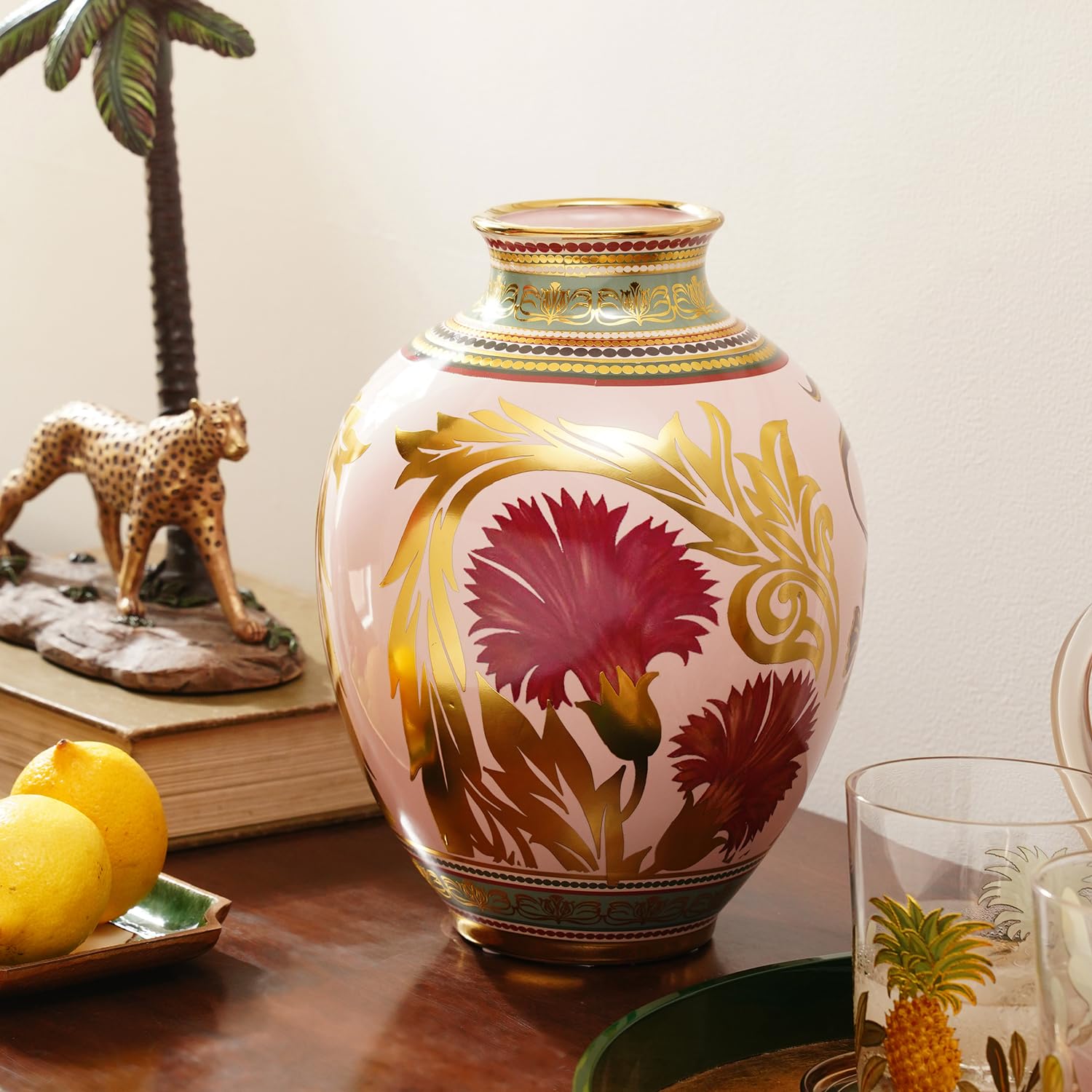 Pure Home + Living Pink Floral Motif Ceramic Vase with Gold Rim - Elegant Decorative Flower Pot for Home, Living Room & Office Decor, Luxury Handcrafted Centerpiece (Pack of 1, 25.8 cm)