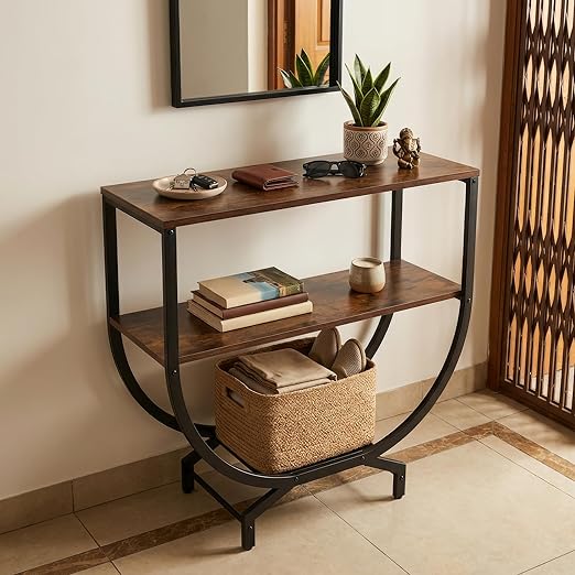 Modern Console Table for Entryway, Brown Wood Finish Top with Black Metal Frame | Narrow Console Table with Storage Shelf | Wooden MDF Console Tables for Living Room, Bedroom & Home Decor | DIY