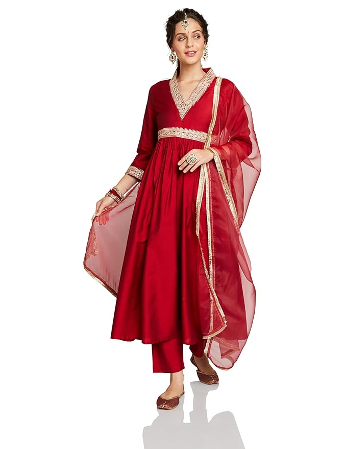 Amazon Brand - Myx Women's Embroidered Anarkali Kurta Set with Organza Dupatta (Available in Plus Sizes)