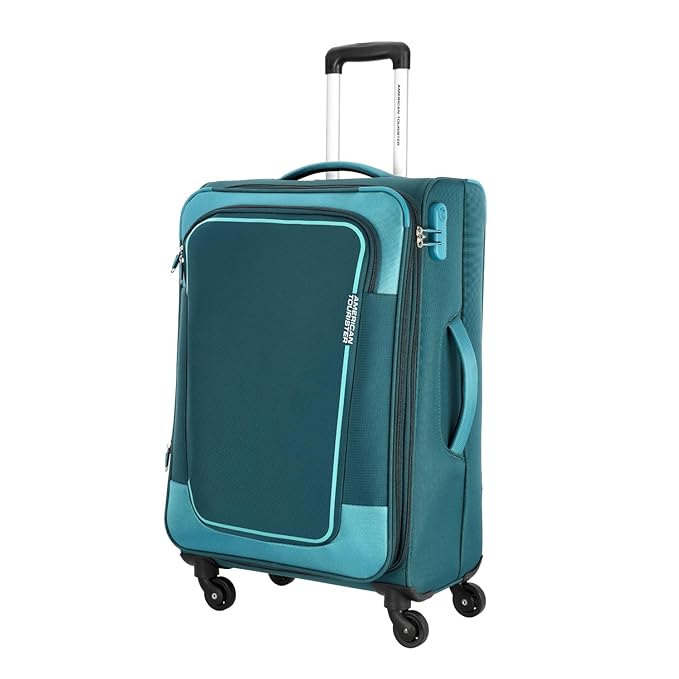 American Tourister Icor | Medium Size Check-in Trolley Bag (70 cm) | 360° 4 Wheel Travel Luggage | Soft Case Polyester Expandable Suitcase | Mounted Combination Lock | Teal
