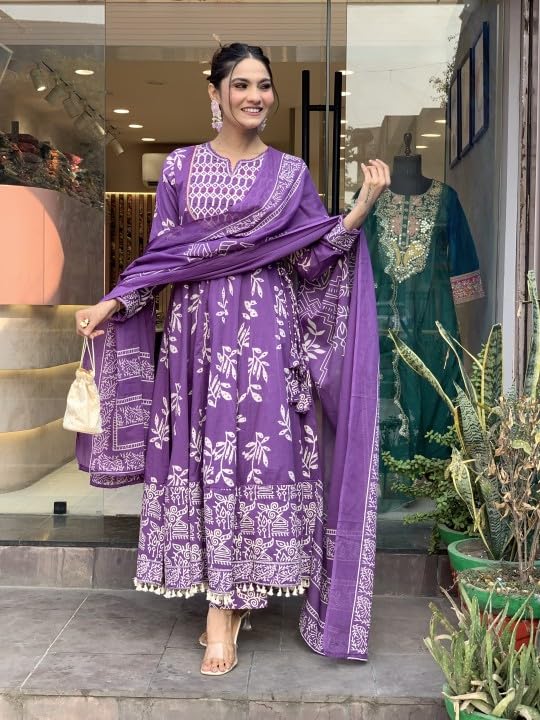 KLOSIA Women Viscose Printed Anarkali Kurta Pant Dupatta Set