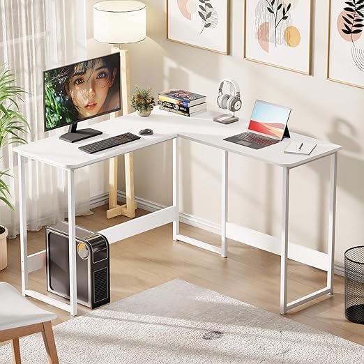 Lukzer Engineered Wood L-Shaped Corner Study and Computer Laptop Table for Home or Office | MST-007/White & White | Multi-Functional Sturdy Gaming Station and WFH Desk with Metal Frame