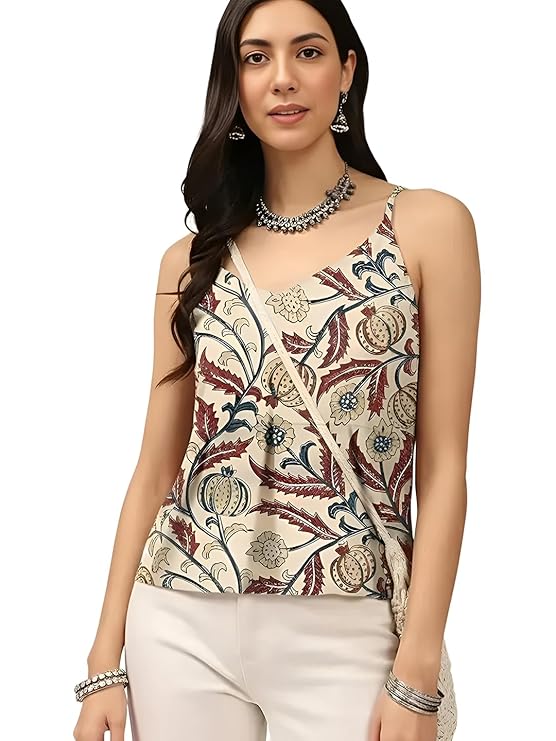 Pinkmint Women Pure Cambric Cotton Printed Peplum Top | Sleeveless Spaghetti Strap Summer Casual Top for Women & Girls