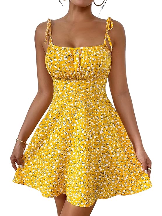Aahwan Women Fit and Flare Blue Summer Vacation Style Floral Print Spaghetti Strap with Shoulder Ties Mini Dress