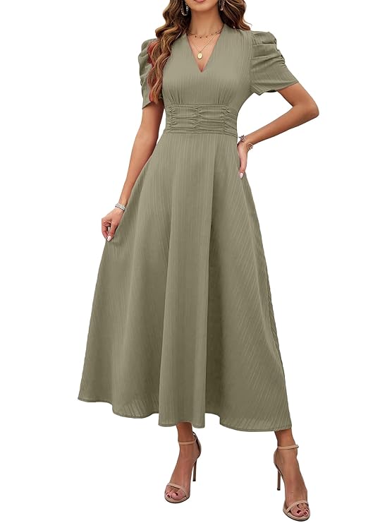 Shasmi Girl's & Women's Solid Color V-Neck A-Line Maxi Dress for Women | New Year Party Outfit | Waist Cinched Puff Sleeve Western | Elegant Casual Wear (Dress 246)