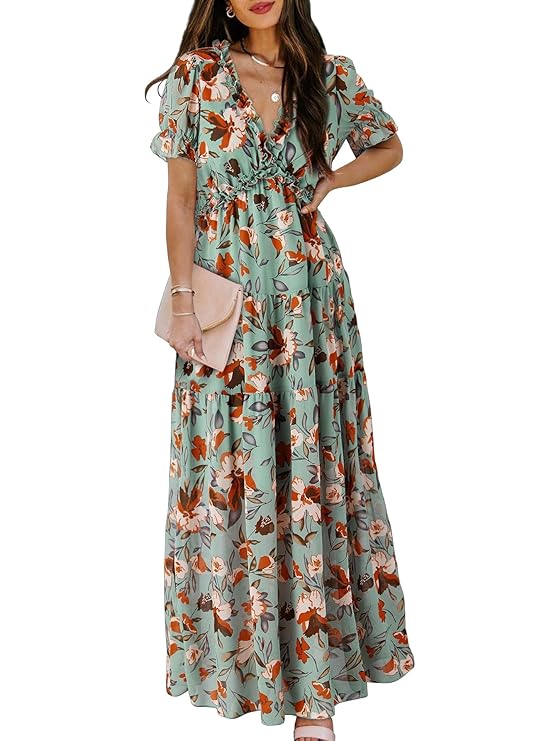 Shasmi Women Women's Floral Maxi Dress for Women, V-Neck, Short Flutter Sleeves, Green with Red Flowers