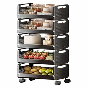 JD FRESH Rolling Metal Utility Cart/Stackable Storage Baskets with Lockable Wheels/Container Basket/Heavy Durable Organizer Trolley for Kitchen/Bedroom/Office (5 Tier)