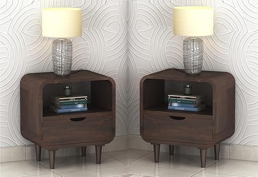 Solid Sheesham Wood Bedside Table for Bedroom | Wooden Set of 2 Bed Side Nightstand Lamp Table with Drawer & Open Shelf Storage for Home & Hotels | Rosewood, Walnut