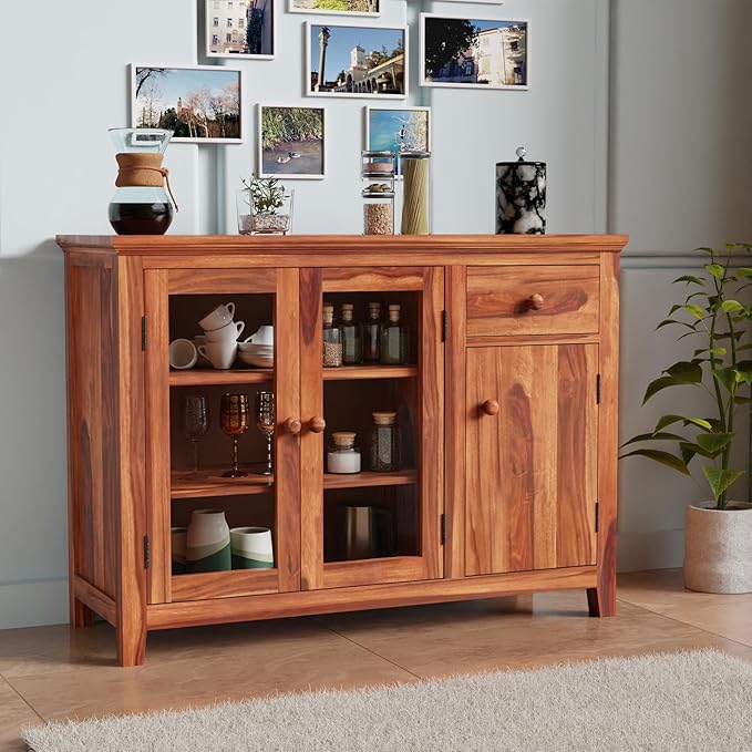 Solid Sheesham Wood Sideboard Cabinet for Living Room | Crockery Cabinet with 2 Acrylic Glass Door | Kitchen Display Unit | 2 Acrylic Glass Doors, 1 Door Cabinet & 1 Drawer |Honey