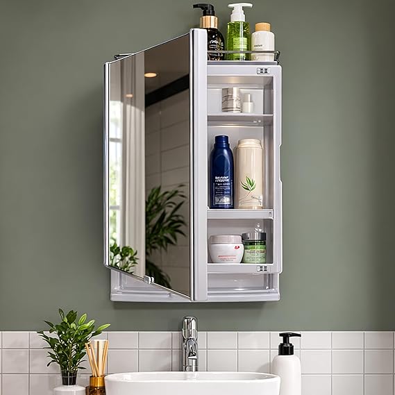 JD FRESH Unbreakable Bathroom Cabinet with Mirror/Wall Mount Mirror Cabinet for Wash Basin/Bathroom Organizer Cabinet/Multipurpose Wall Storage Organizer/Decorative Prime Look (White)